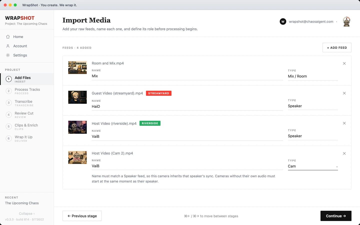 Add Files, with several feeds added and typed