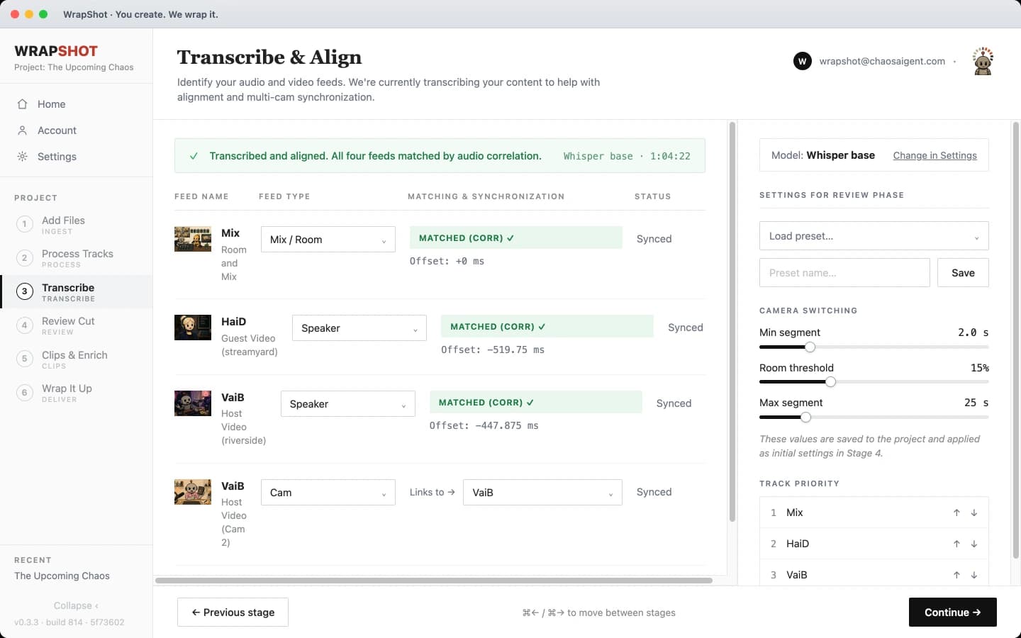Transcribe and Align, with all feeds synced